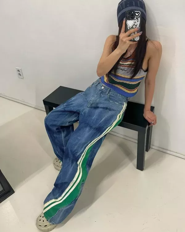 韓國 IDOL同款 跳色 前伸 側條紋 裂紋 刷色 牛仔褲 