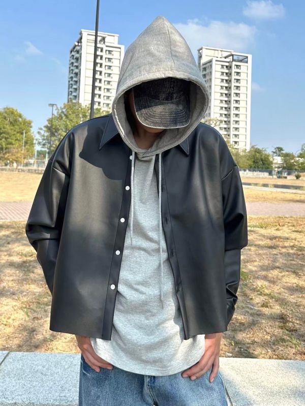 開叉素面抽繩短袖帽T 