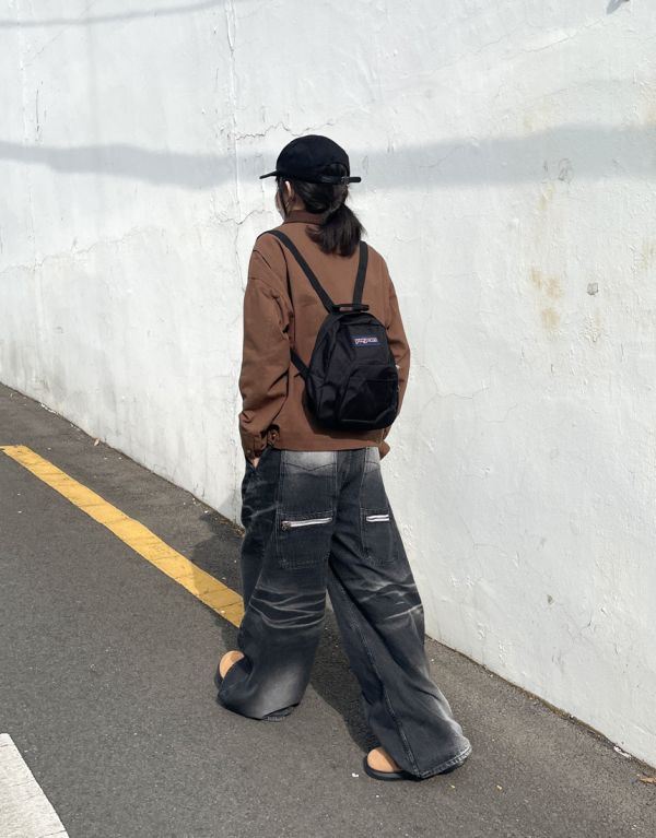 拉鍊 超長後口袋 波紋 牛仔寬褲 