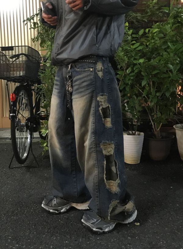 拼接迷彩 破壞 牛仔寬褲 