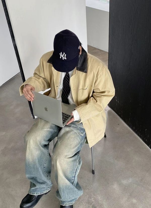 復古人字紋刷色牛仔褲 