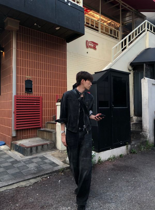 低領金屬扣雙拉鏈牛仔外套（set） 