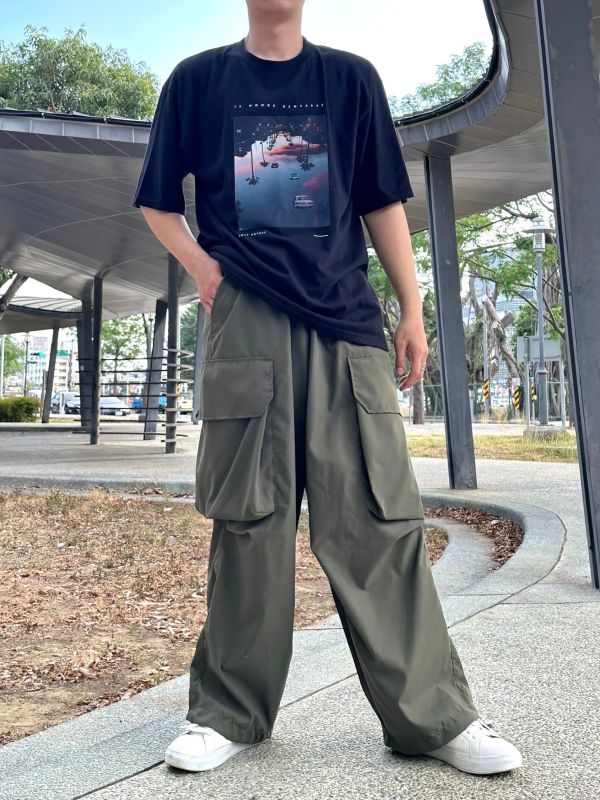 超大口袋尼龍工裝寬褲 