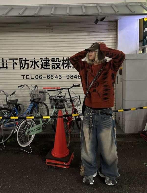 拼接迷彩 破壞 牛仔寬褲 