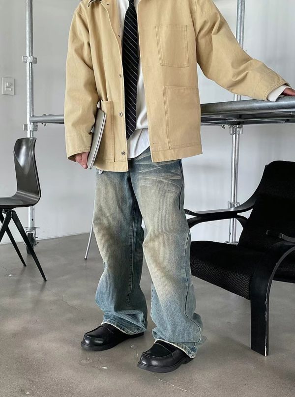 復古人字紋刷色牛仔褲 