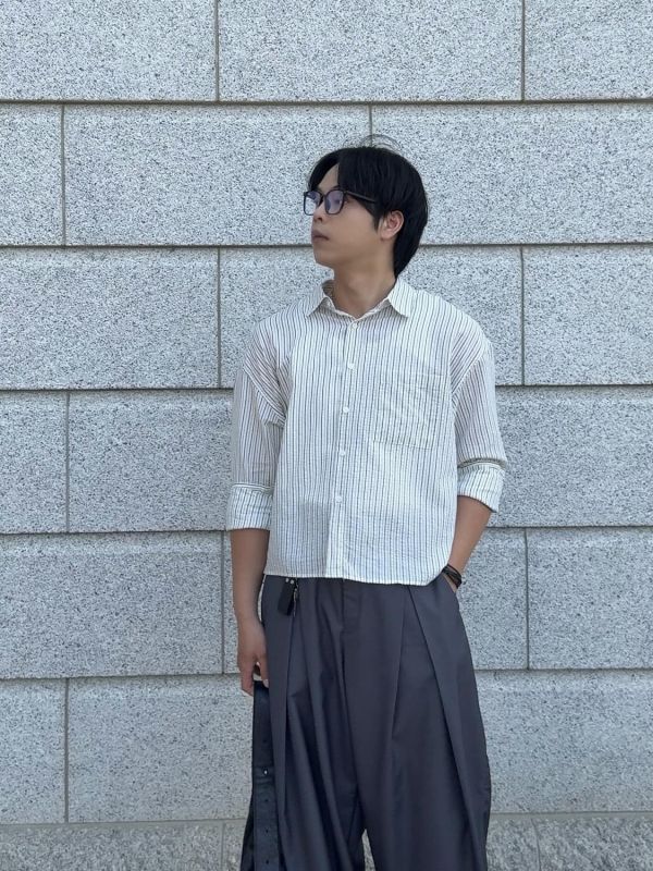 棉麻 簡約條紋 短版襯衫 