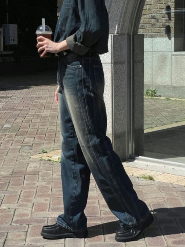 側條紋 直筒 水洗 波紋 牛仔褲 