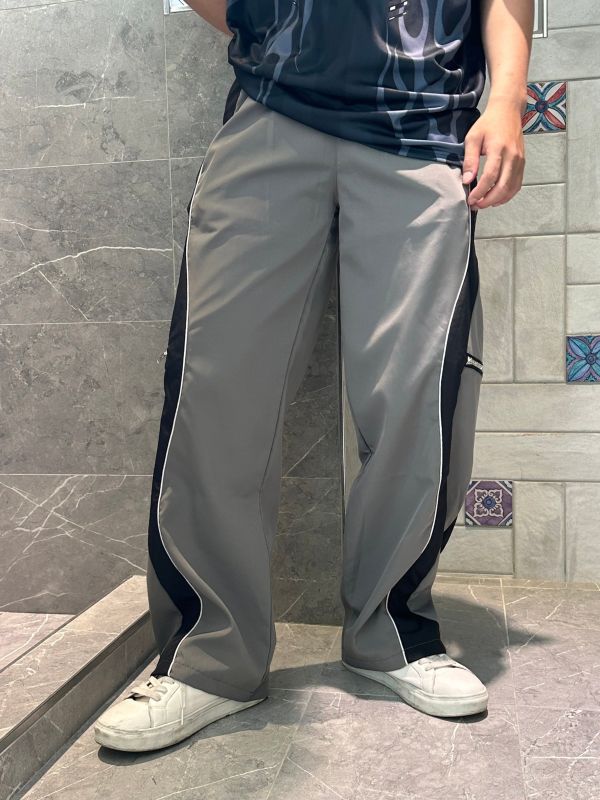 拼色側波浪拉鍊尼龍褲 