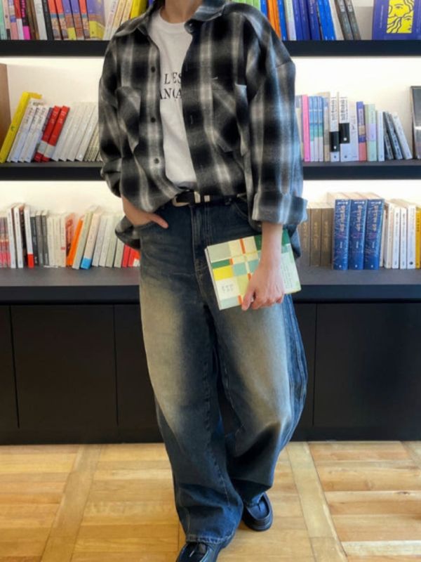 側條紋 直筒 水洗 波紋 牛仔褲 