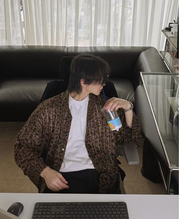 豹紋 直條 破壞 長袖襯衫 
