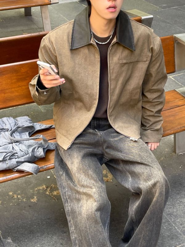 裂紋刷色牛仔寬褲 
