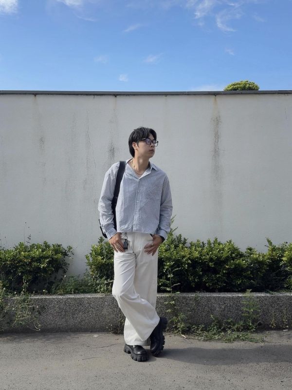 側口袋 曲型剪裁 闊腿褲 