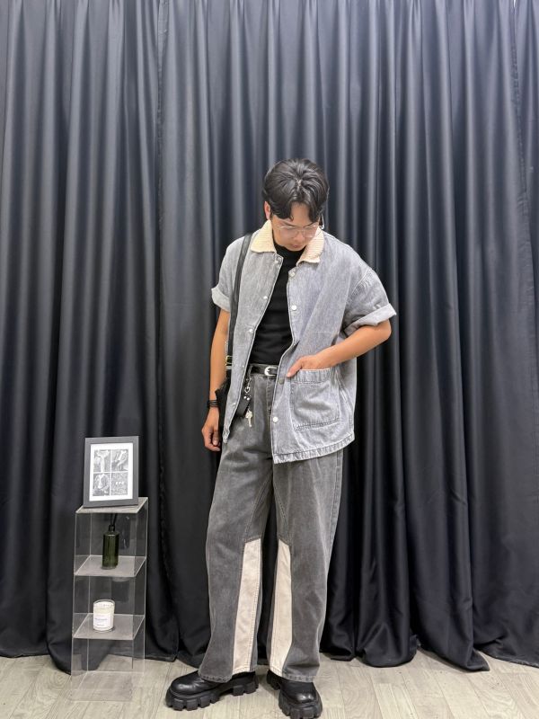 聖水拼接 針織領 牛仔短襯 