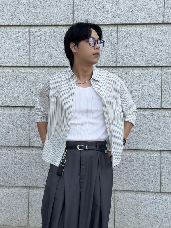 棉麻 簡約條紋 短版襯衫 
