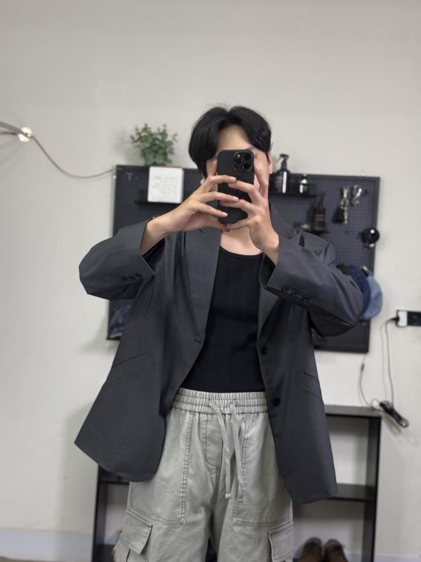 Slant Blazer 曲面條紋 拼接 西裝外套 