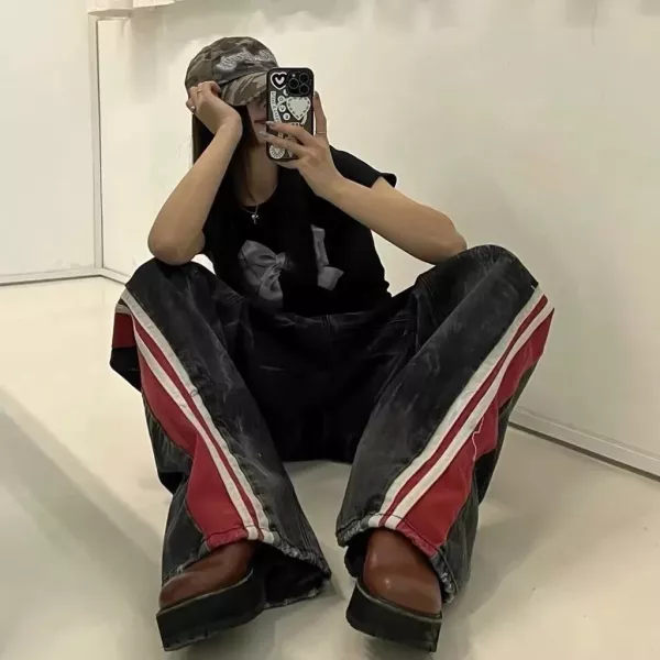 韓國 IDOL同款 跳色 前伸 側條紋 裂紋 刷色 牛仔褲 