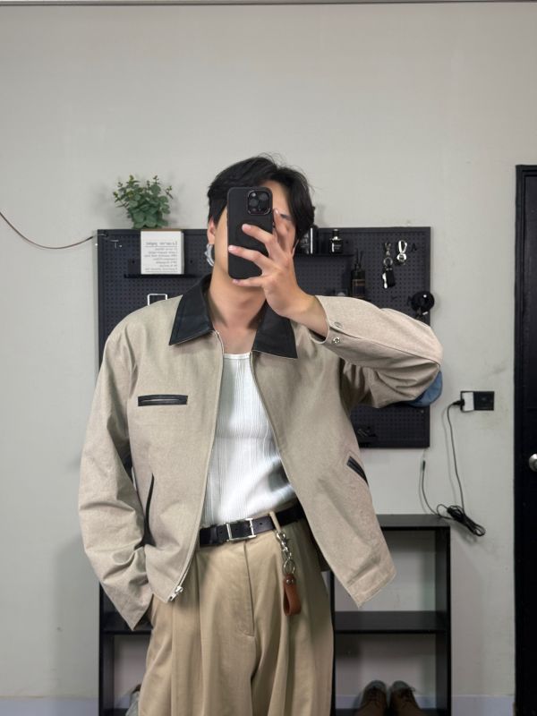 啞光 皮革拼接 工作夾克 