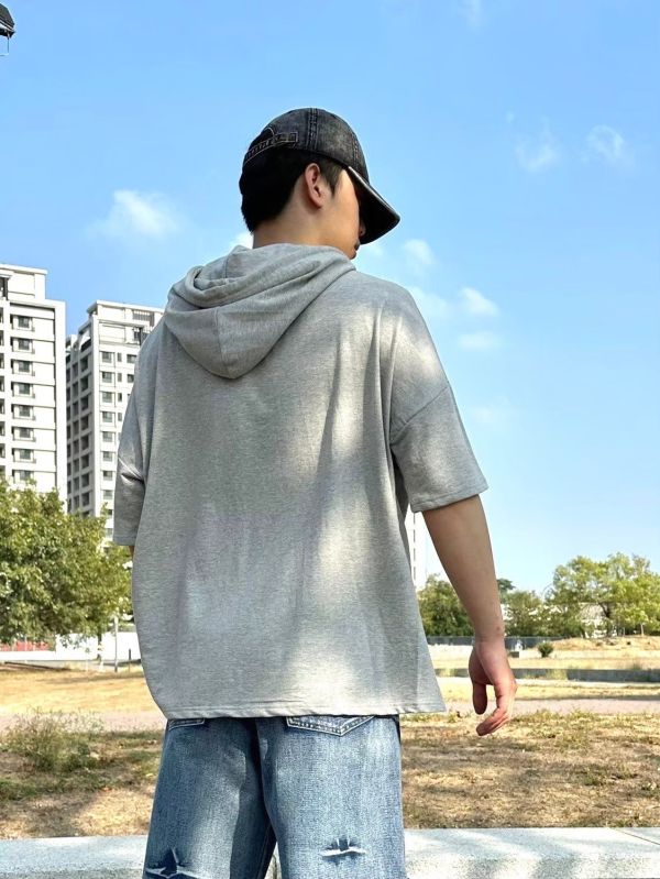 開叉素面抽繩短袖帽T 