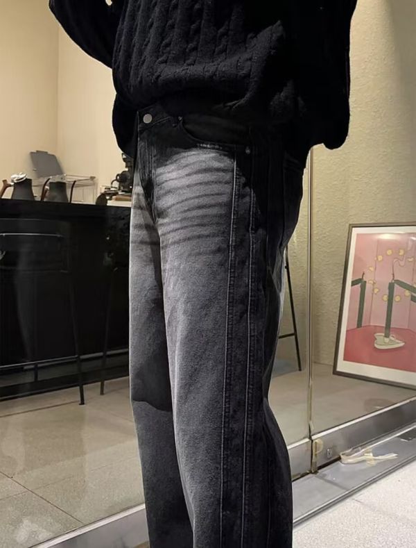 側條紋 直筒 水洗 波紋 牛仔褲 