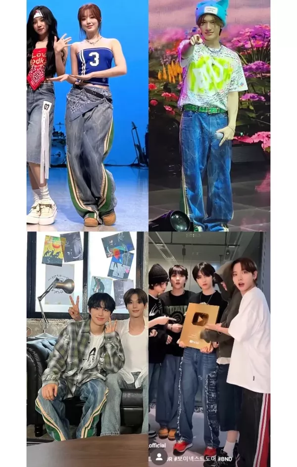 韓國 IDOL同款 跳色 前伸 側條紋 裂紋 刷色 牛仔褲 