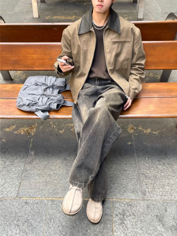 裂紋刷色牛仔寬褲 