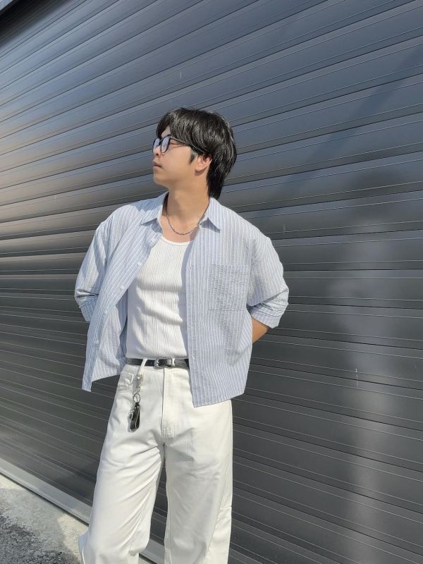 棉麻 簡約條紋 短版襯衫 