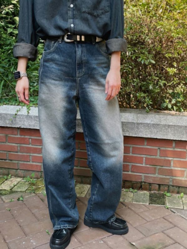 側條紋 直筒 水洗 波紋 牛仔褲 