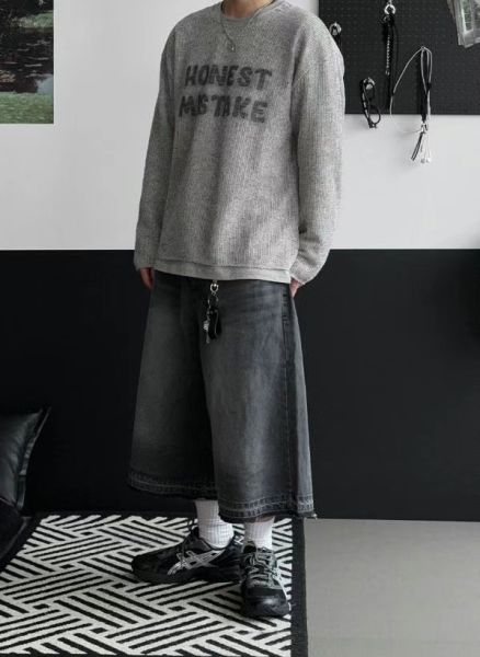 壓紋抽鬚闊腿七分牛仔褲 