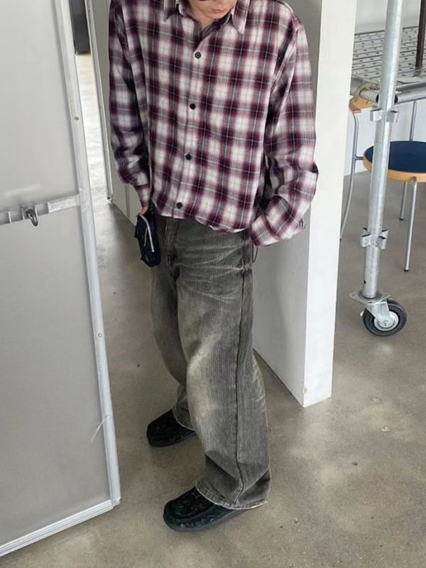 復古人字紋刷色牛仔褲 