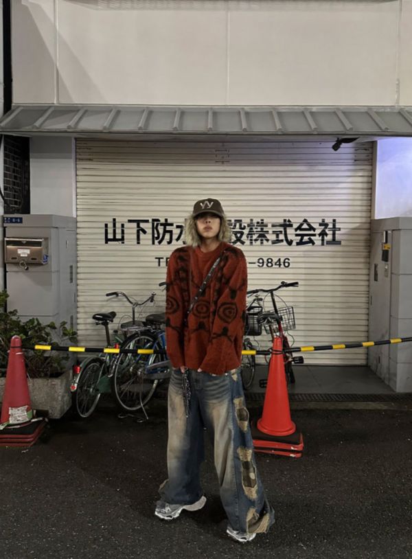 拼接迷彩 破壞 牛仔寬褲 