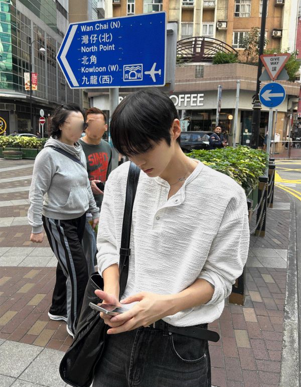 粗花呢 亨利領 長袖 