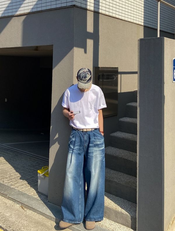 拉鍊 超長後口袋 波紋 牛仔寬褲 