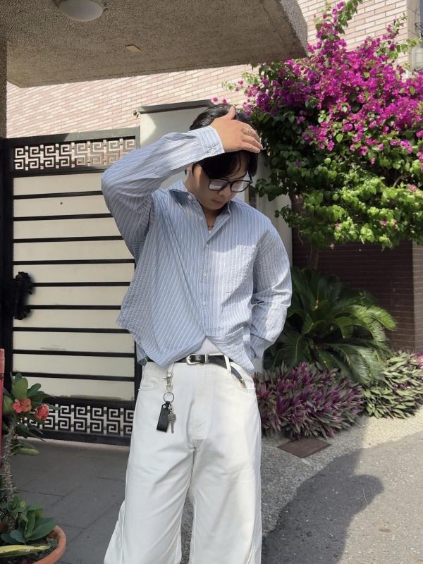 棉麻 簡約條紋 短版襯衫 