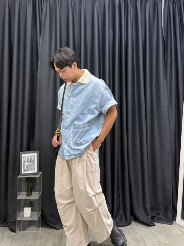聖水拼接 針織領 牛仔短襯 