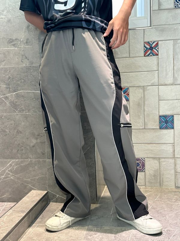拼色側波浪拉鍊尼龍褲 