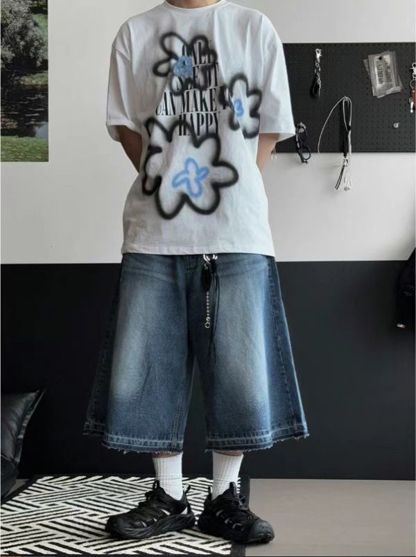 壓紋抽鬚闊腿七分牛仔褲 