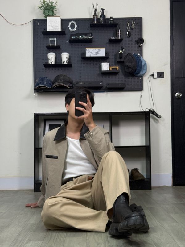 啞光 皮革拼接 工作夾克 