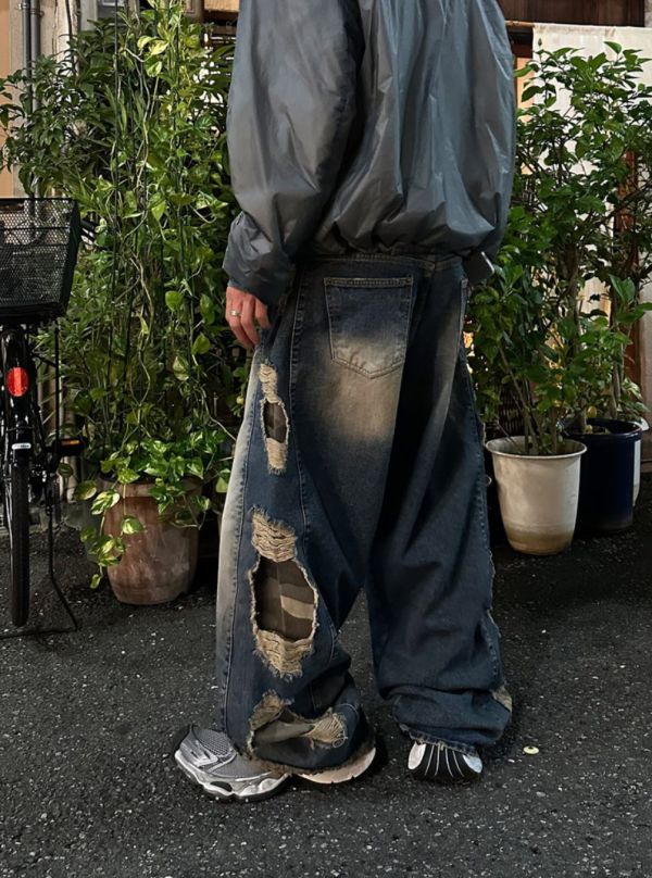 拼接迷彩 破壞 牛仔寬褲 