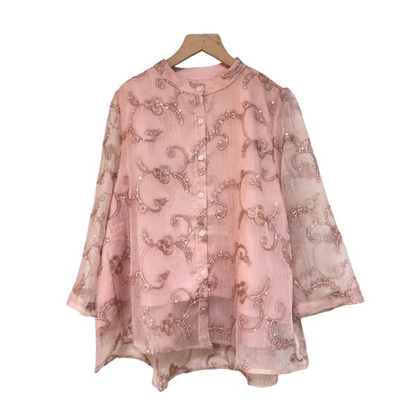 現貨8287｜自訂款手搖亮片網紗緹花襯衫 040 