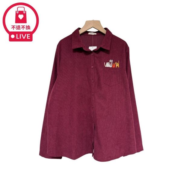 9764｜質感坑條・口袋貓咪文青襯衫-DF8576A6-福利品不退不換 