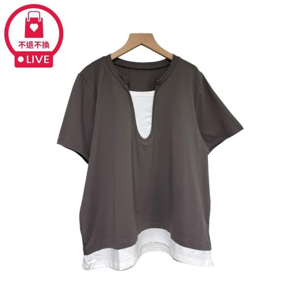 9978｜告別圓肩厚背・深U領拼接假兩件上衣-SH70589A6-福利品不退不換 