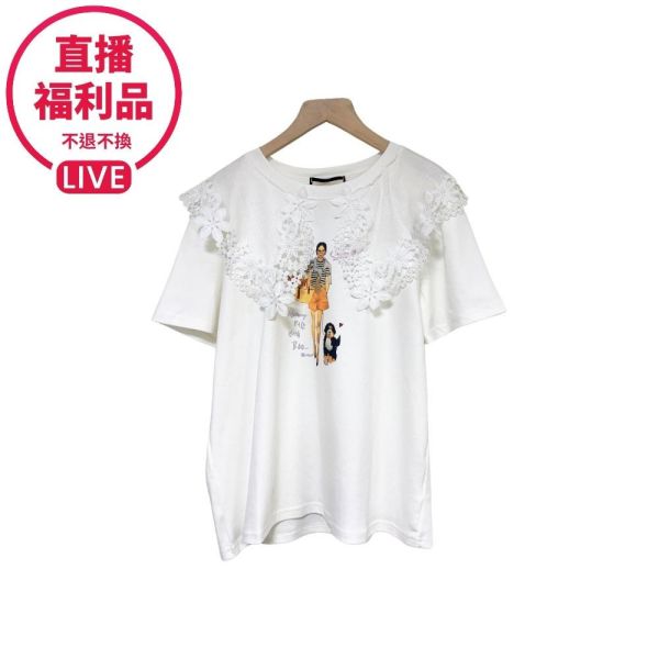現貨7496｜蕾絲翻領女士印花燙鑽上衣-RR6661B1-福利品不退不換 