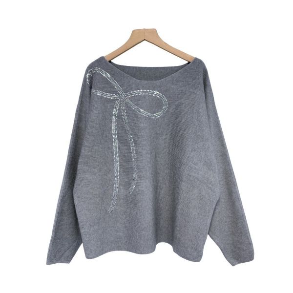 現貨8302｜自訂款一字領閃鑽蝴蝶結針織衫 042 