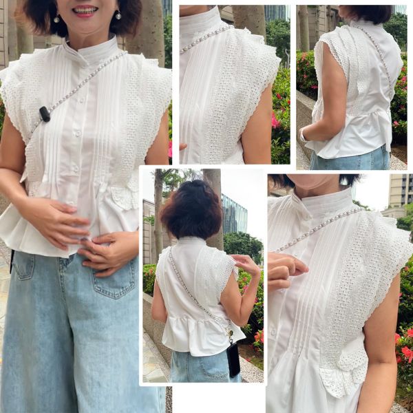 現貨 8013｜董娘直播同款 宮廷風小立領蕾絲小飛袖風琴褶縮腰時尚襯衫 M-2XL 