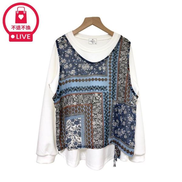 9808｜假兩件復古印花抽繩上衣-DF5253A6-福利品不退不換 