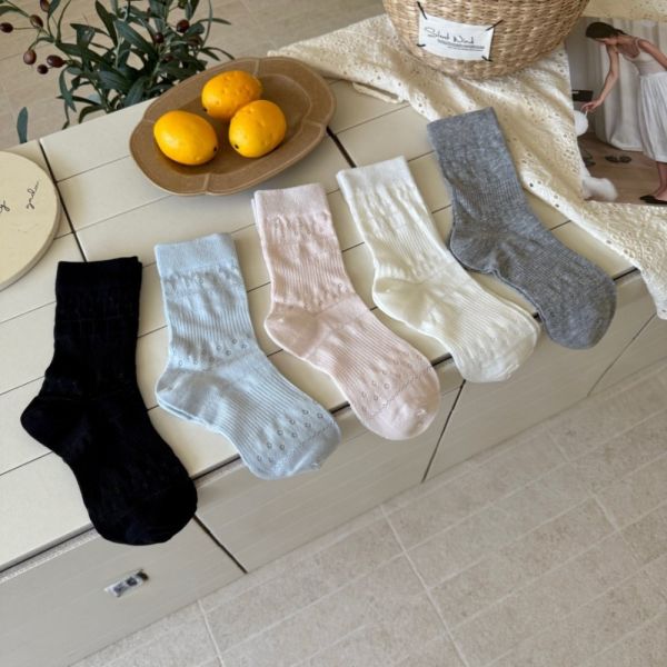 奶油色鏤空小花中筒襪薄款襪子-10雙 0098 