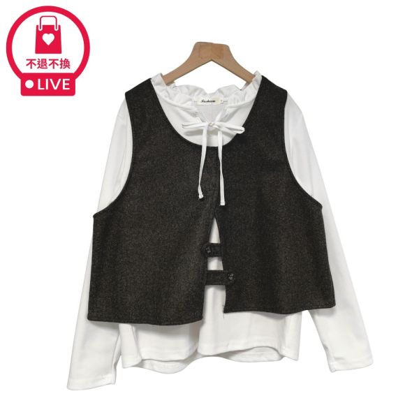 現貨9638｜兩件式木耳領毛呢馬甲上衣-DF5287B3-福利品不退不換 