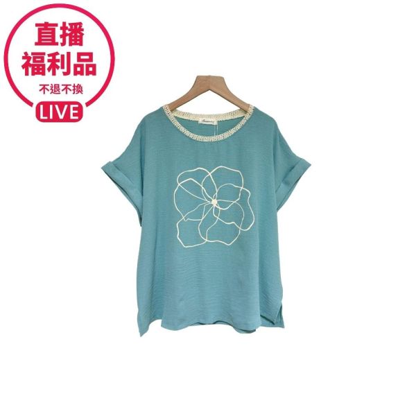 現貨7600｜蕾絲圓領印花連袖上衣-DF7335A6-福利品不退不換 