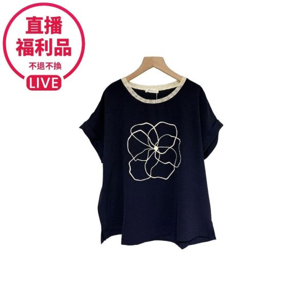 現貨7600｜蕾絲圓領印花連袖上衣-DF7335A6-福利品不退不換 