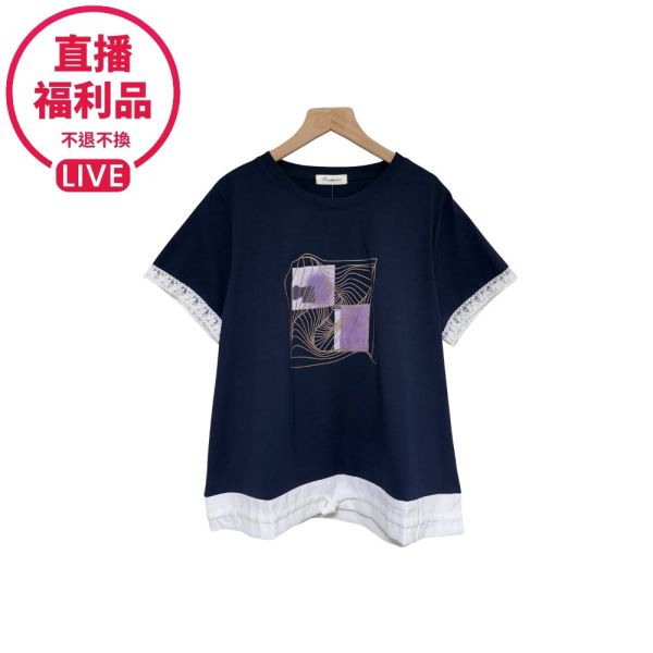 現貨7679｜視覺印花抽繩蕾絲短袖T-DF7364A6-福利品不退不換 